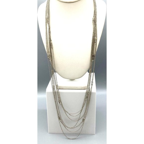 Long Multi Strand Station Necklace, Small Beads on Four Silver Tone Chain Strand - Picture 1 of 5